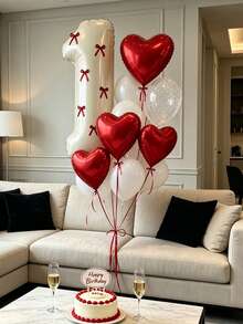 23pcs Red Bow Balloons Set, Includes 32-Inch 0-9 Cream White Number Foil Balloons, With Ribbon Bow Decorations. Perfect For Birthday Party Decor, Couples Anniversary And Valentine's Day Celebration. Romantic Party Decorations. - Red - View 5