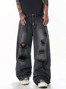 Justice Brother 1pc American Street Style Personalized Men's Distressed Denim Jeans Fashion All Season Wide Leg Long Pants (Belt Not Included/Accessories Not Included) - Grey - View 3