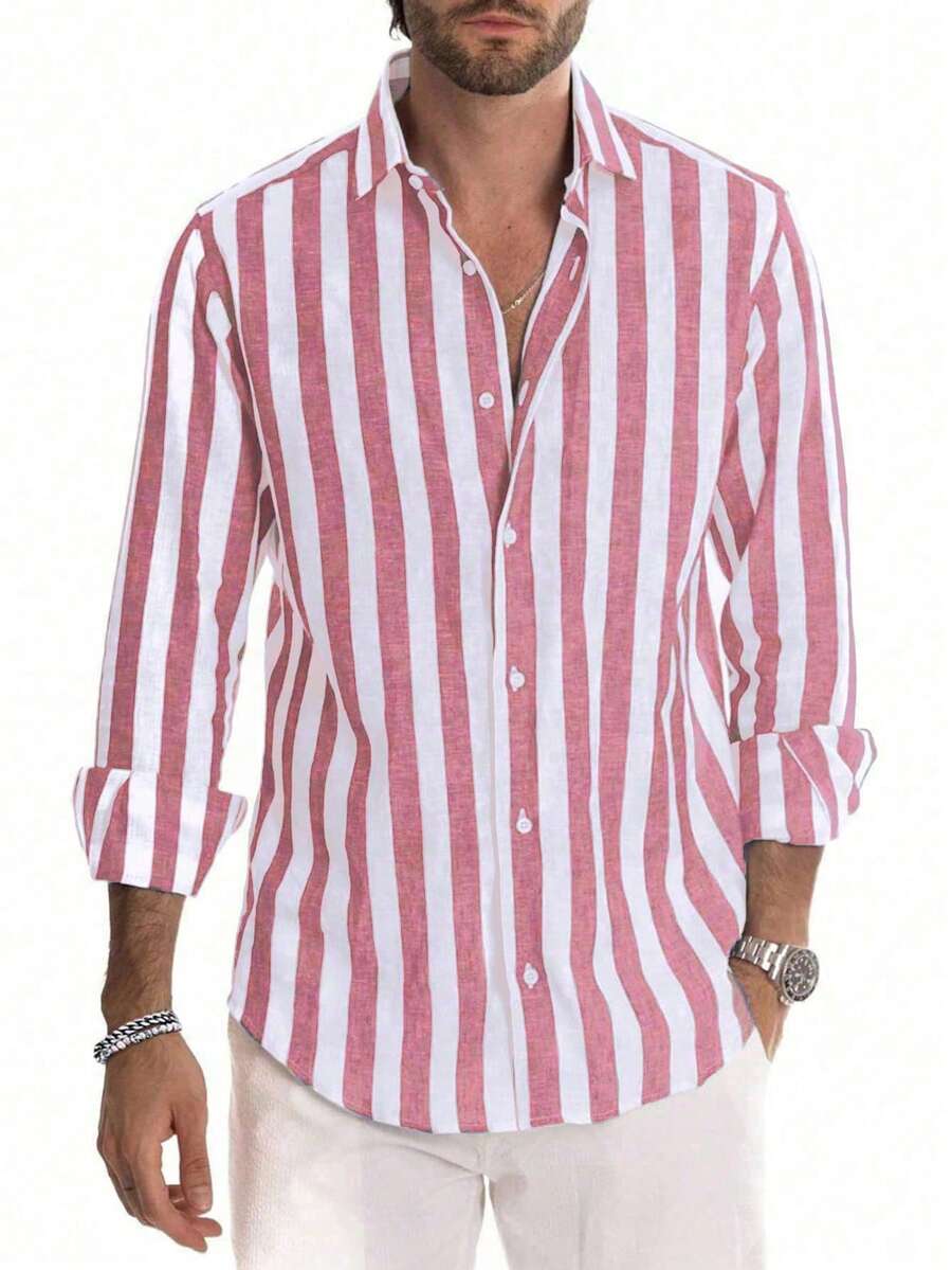 FEIAO Men's Vintage Banknote Striped Casual Long Sleeve Shirt, Versatile Style For All Seasons - Multicolor - View 1