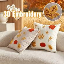 1pc Thanksgiving Maple Leaf Pumpkin Wheat 3D Embroidered Cushion Cover, Full Polyester Faux Linen Fabric, Universal Indoor/Outdoor Throw Pillow Cover, Suitable For Home Sofa Decorative Pillow Cover, Ideal Choice For Bedroom Bed, Chair, Car Matching, No Insert Included - Beige - View 12