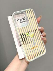 1pc Fresh Striped Orange Slice Wine Glass Slogan Pattern Colorblock 3-In-1 Green Soft Phone Case Compatible With IPhone 11/12/13/14/15/16 Pro Max - Multicolor - View 2