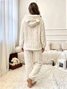 Cream White Heart Embossed Flannel Pajama Set, Hooded Sweatshirt And Loose Cuffed Pants, Fuzzy Warm Loungewear 2 Pieces Set - White - View 5