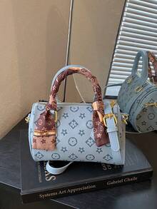 Dedoo Vintage Printed Mini Barrel Handbag With Scarf Decoration, Detachable Shoulder Strap, Women's Multi-Functional Shoulder Crossbody Bag (Scarf/Cherry Style, Random Color) - Blue - View 8