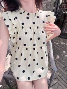 Sweet Polka Dot Cap Sleeve Blouse, Summer Unique Design Frill Trim Loose Casual Top For Women - Apricot - View 3