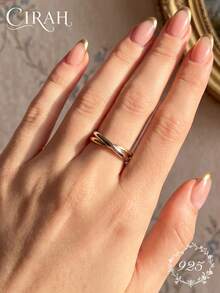 1pc Intertwined Solid Color Round Ring Gold Dual-Tone Electroplated Ring, Exquisite Jewelry, Women's Anniversary Birthday Gift - Multicolor - View 3