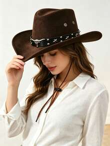 1. A Retro Western Cowboy Hat, Suitable For Both Men And Women. Decorated With Star-Shaped Rivets On The Cow's Head. A Suede Wide-Brimmed Women's Ride - Black Leather Star Foldable Cowboy Hat - View 2
