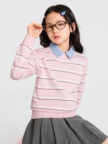 Balabala Tween Girl Knit Sweater Soft Pullover Top Matching Family Style Comfortable Autumn Winter Wear - Red and White - View 3
