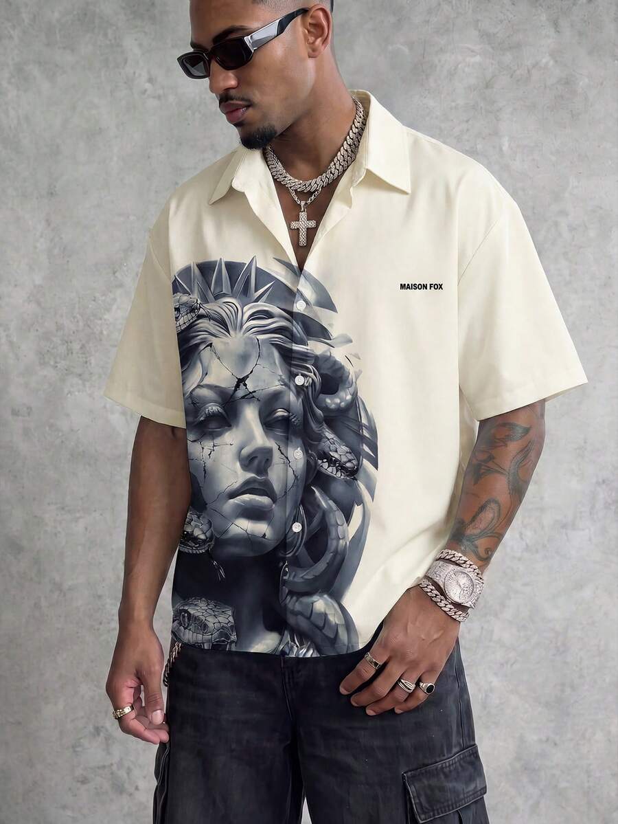 MAISONFOX Men's Lightweight Casual Letter & Portrait Print Colorful Street Style Loose Breathable Short Sleeve Shirt, Suitable For Boyfriend Gift And Outdoor Wear In Summer - Beige - View 1