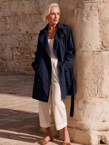 Women's Mid-Length Trench Coat With Pockets, Spring/Autumn Commuter Style - Blue - View 6