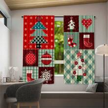 2pcs Christmas Style Fabric Patchwork Semi-Blackout Bedroom Curtains, 90GSM Polyester Semi-Sheer Privacy Protection, Christmas Style Living Room Curtains, Kitchen Curtains, Suitable For Home, Room, Kitchen Partition Or Decoration, Rod Pocket Design Easy Installation, Quick Dry, Water-Resistant, Non-Fading, Lightweight Removable Washable Curtains - Multicolor - View 12