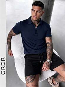 GRDR Men's Summer Short Sleeve Shirt & Shorts Set, Minimalist Versatile For Business Gatherings - Navy Blue - View 2