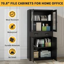 Lockable Metal Storage Cabinet With Glass Doors – 2 Drawers, 2 Adjustable Shelves – Secure Key & File Management – Durable Steel For Garage, Office, Home – Black - 1PCS - View 2