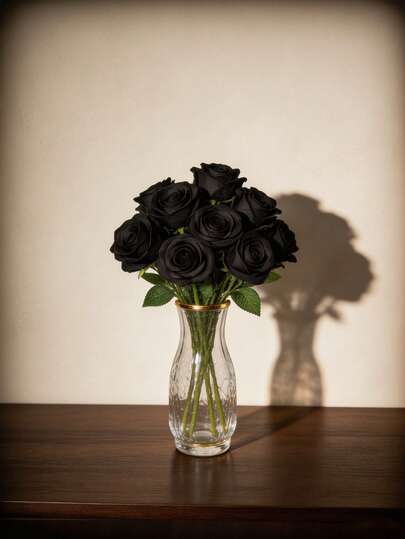 10Pcs Artificial Black Rose Flowers With Bendable Stems, Lifelike Matte‑Black Fake Roses With Green Leaves, Uniform‑Colored Petals For Gothic Wedding, Halloween Party & Home Vase Decor