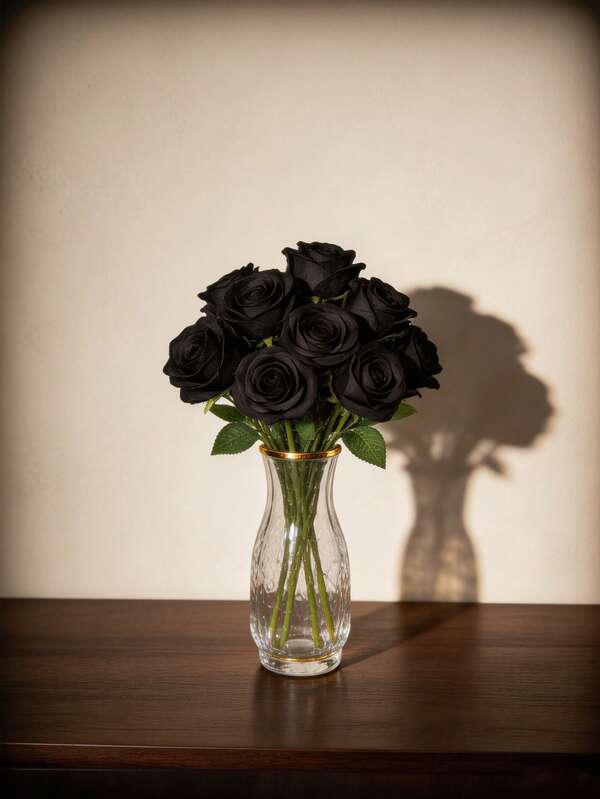 10Pcs Artificial Black Rose Flowers With Bendable Stems, Lifelike Matte‑Black Fake Roses With Green Leaves, Uniform‑Colored Petals For Gothic Wedding, Halloween Party & Home Vase Decor