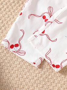 MYVLNA Conjunto de mono con estampado de cerezas para niñas, top acanalado con mangas con volantes, conjunto de 2 piezas - Rojo y blanco - Ver 8