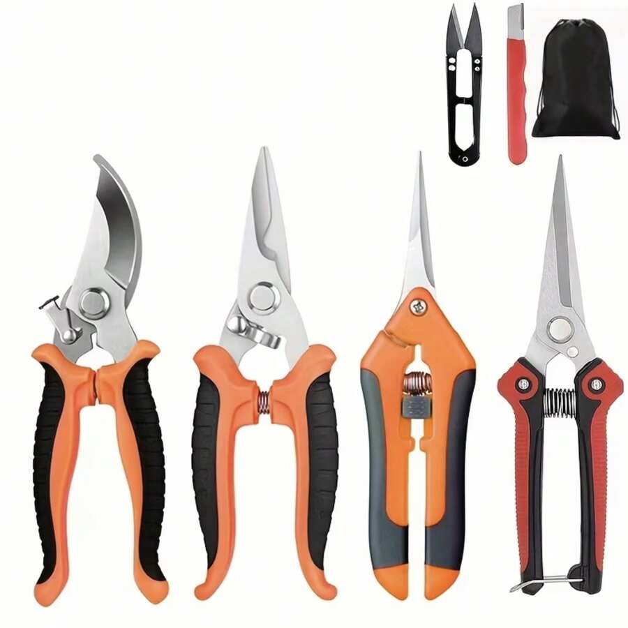 Set Gunting Pangkas Taman Tugas Berat 7 Buah, Gunting Genggam Ambidextrous, Gunting Pangkas Bypass dan Gunting Pangkas dengan Pegangan Oranye Ergonomis dan Tas Penyimpanan, Cocok untuk Perawatan Rumput dan Pohon, Gunting Pangkas/Pemetik Buah/Pemangkas Multifungsi, Cocok untuk Perawatan Rumput dan Pemeliharaan Pohon - A - View 1