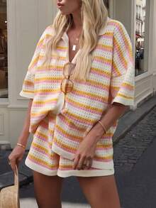 Women's Crochet Striped 2 Pieces Set, Includes A Button-Up Collar Top And Shorts, Perfect For Elegant Summer Casual Wear - Pink - View 8