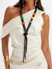 MARLIWOO 1pc Handmade Knotted Long Necklace, Fashion Bohemian Style Jewelry, Color Block Multicolor Beaded Tassel Y-Shaped Necklace - Colorful - View 7