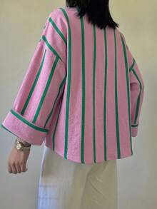 Plus Size Pink & Green Vertical Striped Button-Down Shirt, Women's Lapel Collar Long Sleeve Pocket Loose Casual Blouse - Pink - View 4