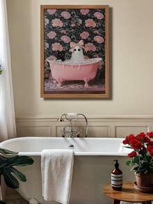 1pc, Canvas Wall Art With Frame, Wall Decor Printed With Neon Slogan "Live Well, Laugh Loud, Bubble Bath Time", Featuring Cute Pink Bow Ghost, Black Cat And Vintage Bathtub Pattern, Sweet Cool Gothic Halloween Atmosphere Wall Poster; Suitable For Modern Home Decor, Room Decor, Dorm Decor, Bedroom Decor, Living Room Decor, Bathroom Decor - Bathroom Ghost - View 5