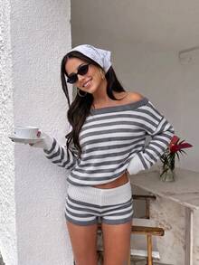Women Gray&White Knit 2-Piece Set Asymmetrical Shoulder Loose Sweater Knit Shorts Fall Daily Home Wear Short Trips Photogenic Matching Sweater Outfit - Grey - View 7