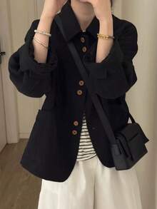 Korean Vintage Black Button Long Sleeve Lapel Workwear Blazer Jacket - Black - View 4