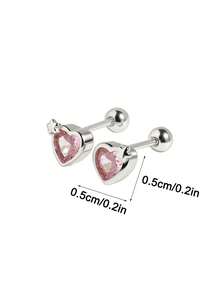 1 Pair 925 Sterling Silver Hypoallergenic Heart-Shaped Stud Earrings, Cute And Playful, Inlaid With Pink Cubic Zirconia, Spiral Backing For Secure Fit, Exquisite And Adorable, Gift Box Included, Suitable For Daily Or Holiday Wear, Gift For Girls, Gift For Girl, Gift For Friends, Gift For Back To School, Holiday Gift - one-size - View 6