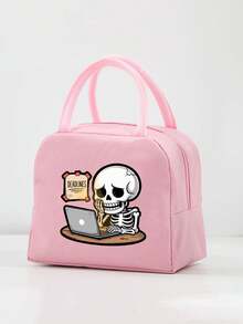 1 Pc, Creative Skeleton Pattern Printed Handbag, Large Capacity Handheld Lunch Box Bag, Suitable For Office Workers And Travel - one-size - View 12