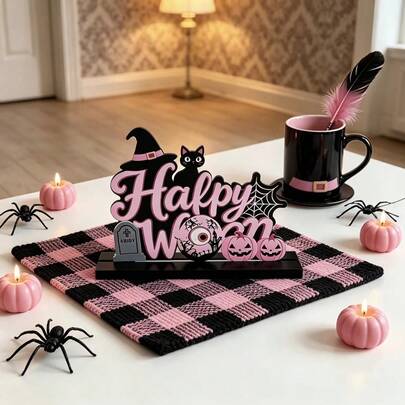Pink Spooky Wooden Halloween Tabletop Sign, Witch Hat Black Cat Pumpkin Spider Web Tombstone Eyeball Decor, Gothic Haunted Indoor Dining Mantel Centerpiece Fall Party Ornament Gift
