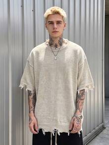 BLACKTOEXIT Men's Knitted Short Sleeve Crew Neck Loose Drop Shoulder American Street Style Distressed Raw Edge Fringe Solid Color Vintage Knit T-Shirt Spring - Apricot - View 2