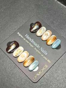 10pcs Handmade Oval Press-On Nails, Vintage Multi-Color Cat Eye Fake Nails With Polka Dots, Sun Lines, Gold Foil, Glitter And Rhinestones, Glossy Reusable Design For Summer Vacation, Travel, Graduation Party, World Cup, US Independence Day, Beach And Daily Wear For Women And Girls - Multicolor - View 3