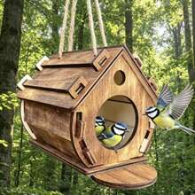 1pc Outdoor Hanging Parrot Breeding Box Landscape Decorative Bird Cage Wooden Bird House For Garden - A - View 3