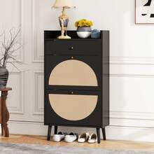 Rattan-Look Shoe Cabinet / Large Spacious Shoe Cabinet / Two-Tier Shelves / Easy To Clean / Load Capacity: Approx. 10 Kg / Suitable For Living Room, Entrance, Hallway - Black - View 3