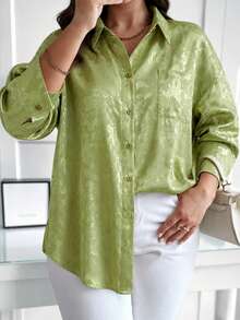 Blus Premium Wanita Ukuran Besar Elegan Lengan Panjang Berkerah dengan Motif Cetak, Cocok untuk Kencan dan Pakaian Sehari-hari, Atasan Musim Gugur - Hijau - View 4