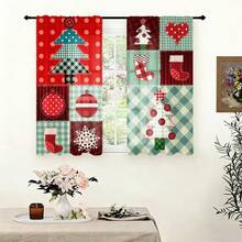 2pcs Christmas Style Fabric Patchwork Semi-Blackout Bedroom Curtains, 90GSM Polyester Semi-Sheer Privacy Protection, Christmas Style Living Room Curtains, Kitchen Curtains, Suitable For Home, Room, Kitchen Partition Or Decoration, Rod Pocket Design Easy Installation, Quick Dry, Water-Resistant, Non-Fading, Lightweight Removable Washable Curtains - Multicolor - View 11