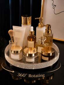 360° Rotating Full Rhinestone Cosmetic Tray, Luxury Perfume & Skincare Storage Display Plate, Bathroom Countertop/Vanity Decor - Multicolor - View 6