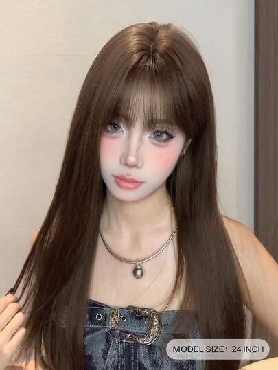 alicegarden 24 Inch Long Synthetic Wig, Natural Straight Style, Stunning Chocolate Brown, With Bangs, Suitable For Women's Daily Wear, Party, Cosplay, Natural And Durable, Women's Wig Gift