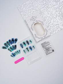24片夏季海灘3D鯊魚美甲貼片 手作藍色海洋可重複使用度假穿戴甲 - 寶藍色 - 查看 6