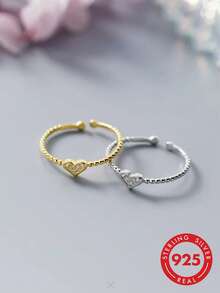 1pc S925 Sterling Silver Heart Open Bead Thin Ring, Adjustable Delicate Band, Feminine Girly Style, Niche Exquisite Daily Commute Versatile Jewelry Gift For Girlfriend, Best Friend, Birthday, Anniversary - Love - View 7