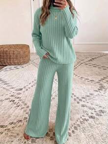 Blue Vertical Rib Knit Matching Set, Women Turtleneck Long Sleeve Top & Flare Leg Pants Soft Casual Loungewear Two Piece Outfit - Blue - View 2