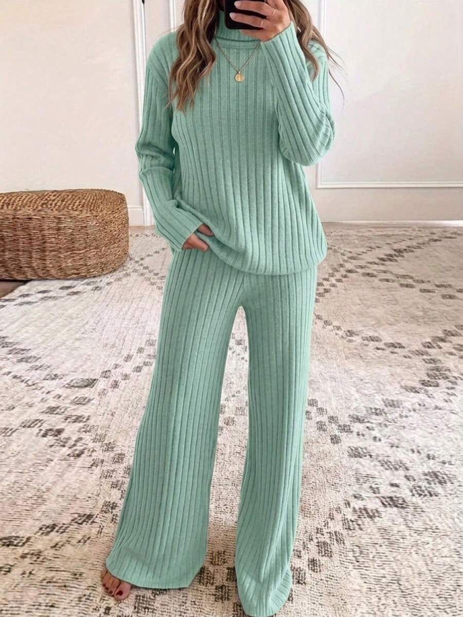 Blue Vertical Rib Knit Matching Set, Women Turtleneck Long Sleeve Top & Flare Leg Pants Soft Casual Loungewear Two Piece Outfit