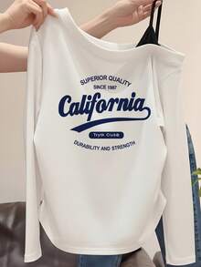 White Asymmetrical Shoulder California American Retro Letter Print Long Sleeve T-Shirt Women's Autumn Side Ruched Slim Fit Flattering 2 In 1 Casual - White - View 1