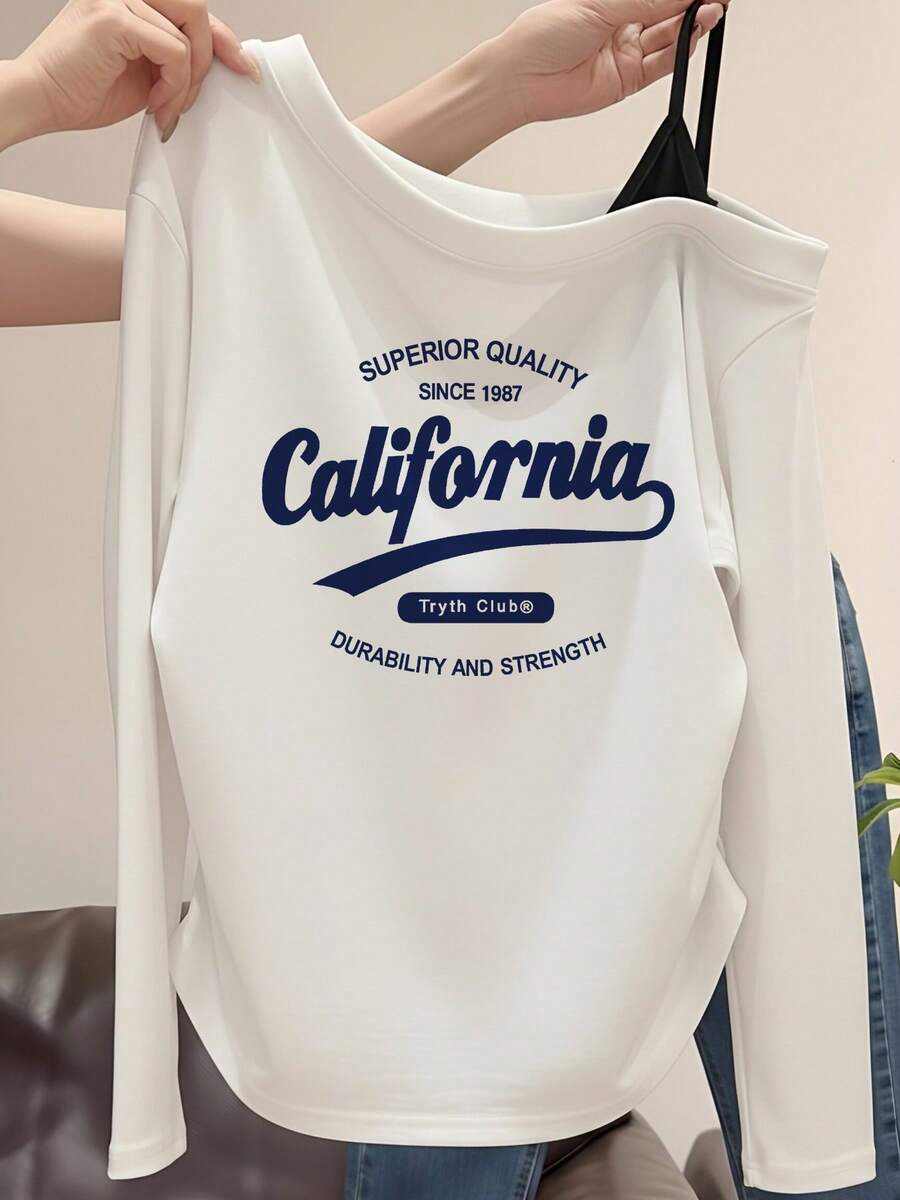 White Asymmetrical Shoulder California American Retro Letter Print Long Sleeve T-Shirt Women's Autumn Side Ruched Slim Fit Flattering 2 In 1 Casual - White - View 1