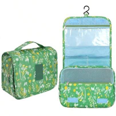 Hanging Toiletry Bag, Green Floral Waterproof Cosmetic Bag Portable Makeup Pouch Wash Bag With Handle For Woman Teen Girls Tea Party Summer Camp