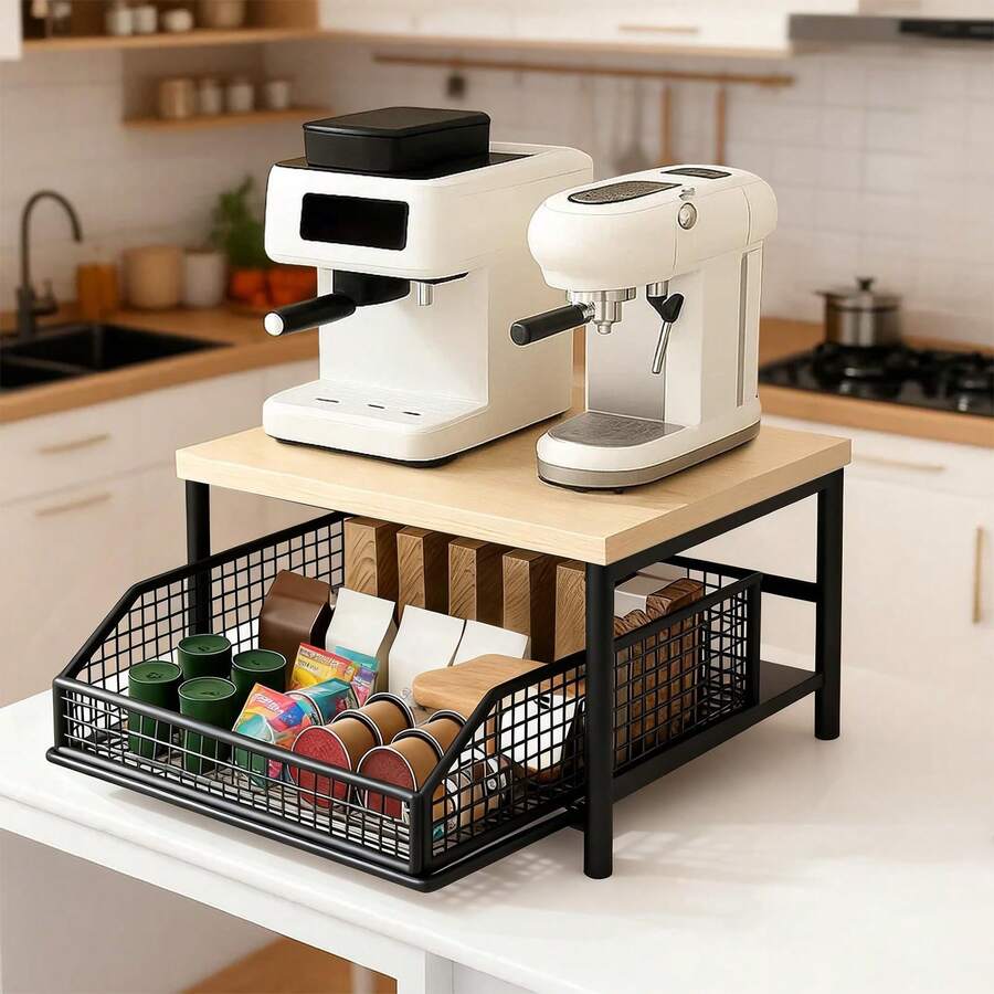 Wire Baskets& Drawer Kitchen Countertop Organizer- Space-Saving Storage System Featuring Sturdy Hardwood For Coffee Maker Shelf Black