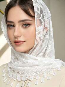 White Floral Lace Hijab With Teardrop Tassels, Soft Breathable Floral Pattern Lace Headscarf, Elegant Muslim Women Modest Head Wrap, Lightweight See-T - Beige - View 3