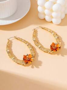 1 Paar elegante Damen-Creolen im Boho-Stil für den Sommerurlaub, oval, mit Bambusknoten, Emaille, handgefertigt, Tropfenöl-Optik, orangefarbene Blume - Orange - Übersicht 2