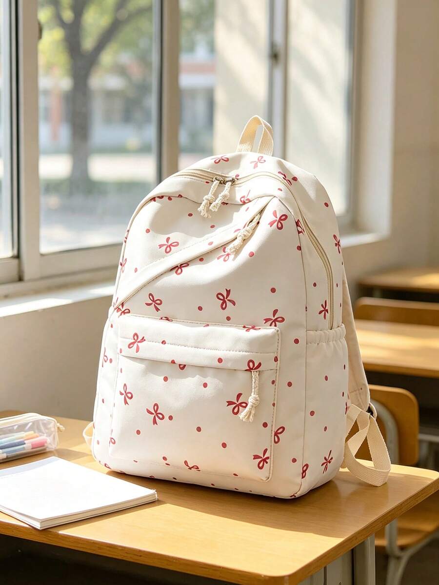 1pc Back To School Bow Pattern Backpack, Large Capacity Polyester Commuter Daily Bag, Multi-Layer Storage Casual School Bag, Lightweight Travel Backpack, Suitable For Girls, Fresh Graduates, Young People, Applicable For Back To School, Daily Commute, Shopping, Short Trips And Outdoor Leisure Travel - 2281 - View 1