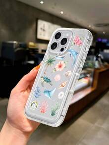 1件水彩海洋插畫透明手機殼，熱帶海洋生物印花保護套，含海龜、海豚、貝殼與棕櫚樹圖案，防震氣墊軟殼高級保護殼，透明防摔吸震TPU手機殼，適用於Apple 15/14/13/12/11/7/8/16/17/Air/17pro/17promax及其他機型，夏季海灘度假風手機殼，時尚夏季配件 - 彩色 - 查看 4