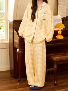 Gongdie 2 Pieces Disney Winnie The Pooh Women Pajama Set,Spring Fall Gingham Soft Cotton Loungewear With Zigzag Trim And Pocket - Yellow - View 8